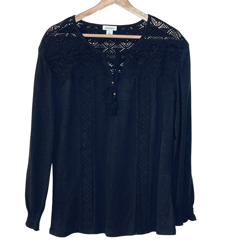 Sundance Black Crochet Lace V‎ Neck Tassel Long Sleeve Tunic Top Women's Size S